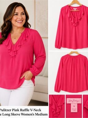 Lilly Pulitzer Pink Ruffle V Neck Long Sleeve Blouse Wonens medium